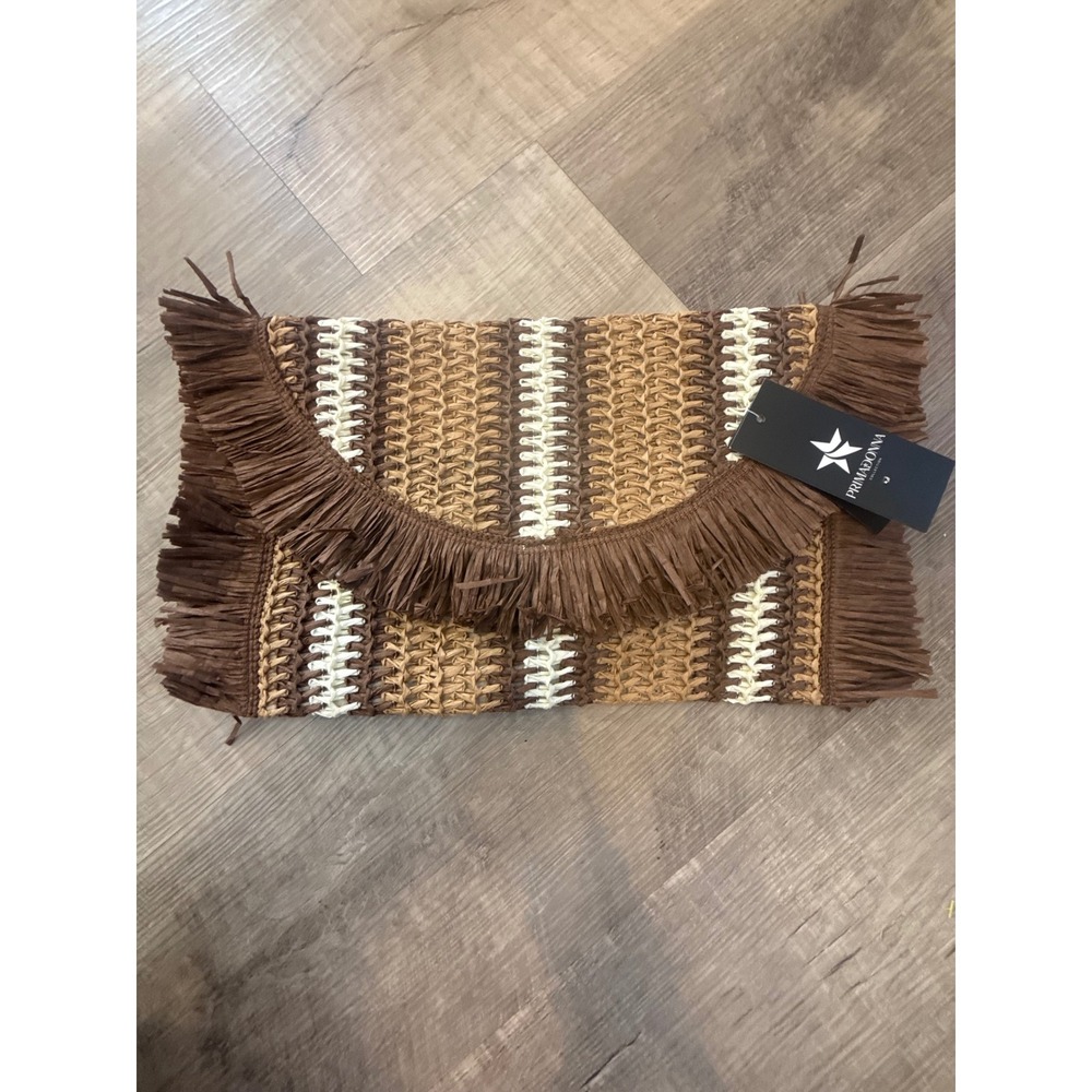 NWT Primadonna Collection Woven Raffia Fringe Clutch – Marrone/Tan
